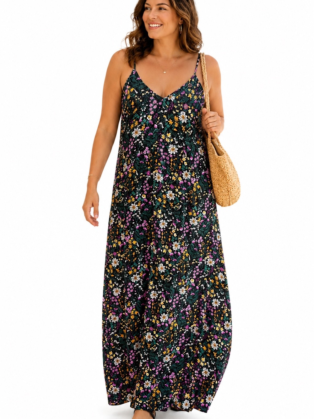 Old Navy Floral Maxi Dress M Tall Black Criss Cross Strappy